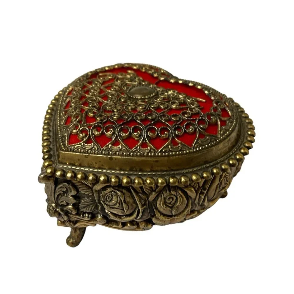 VTG Ornate Red and Gold Heart Shaped Trinket Dish